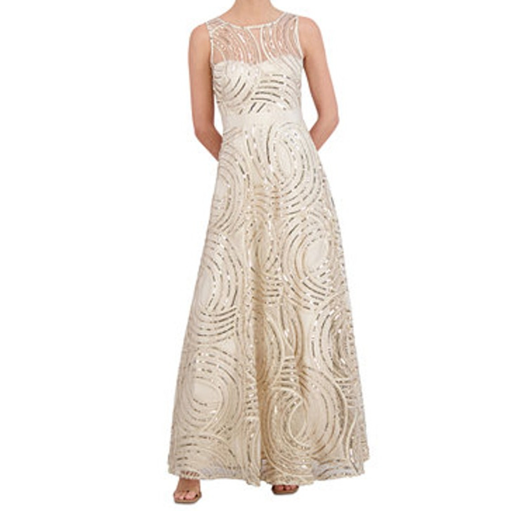 Eliza J NWT Petite Sequin Illusion Yoke Sleeveless Gown Size 2P Champagne Gold